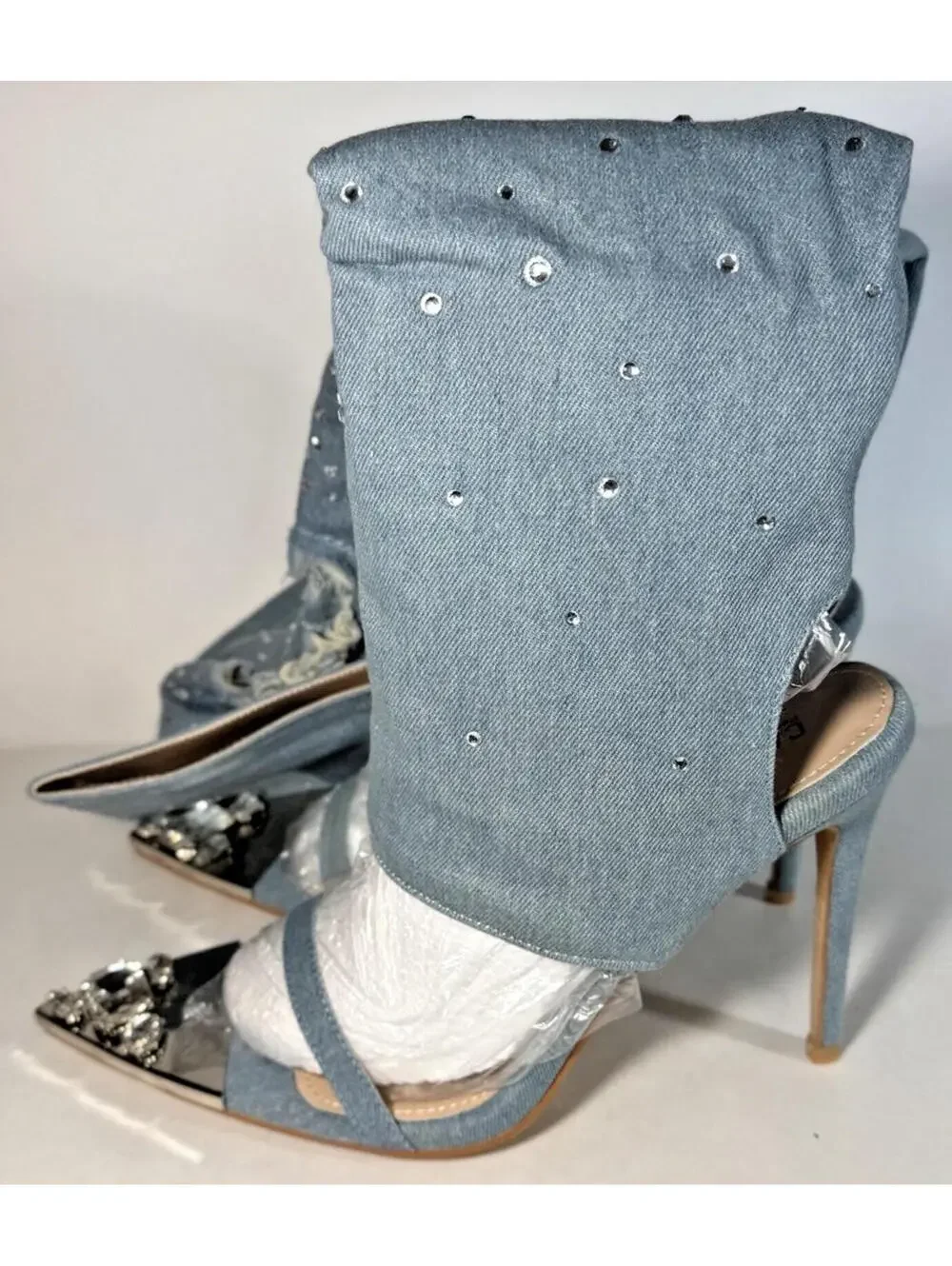 CAPE ROBBIN Kyara Rhinestone Denim Thigh High Heel Boots - Picture 3 of 9